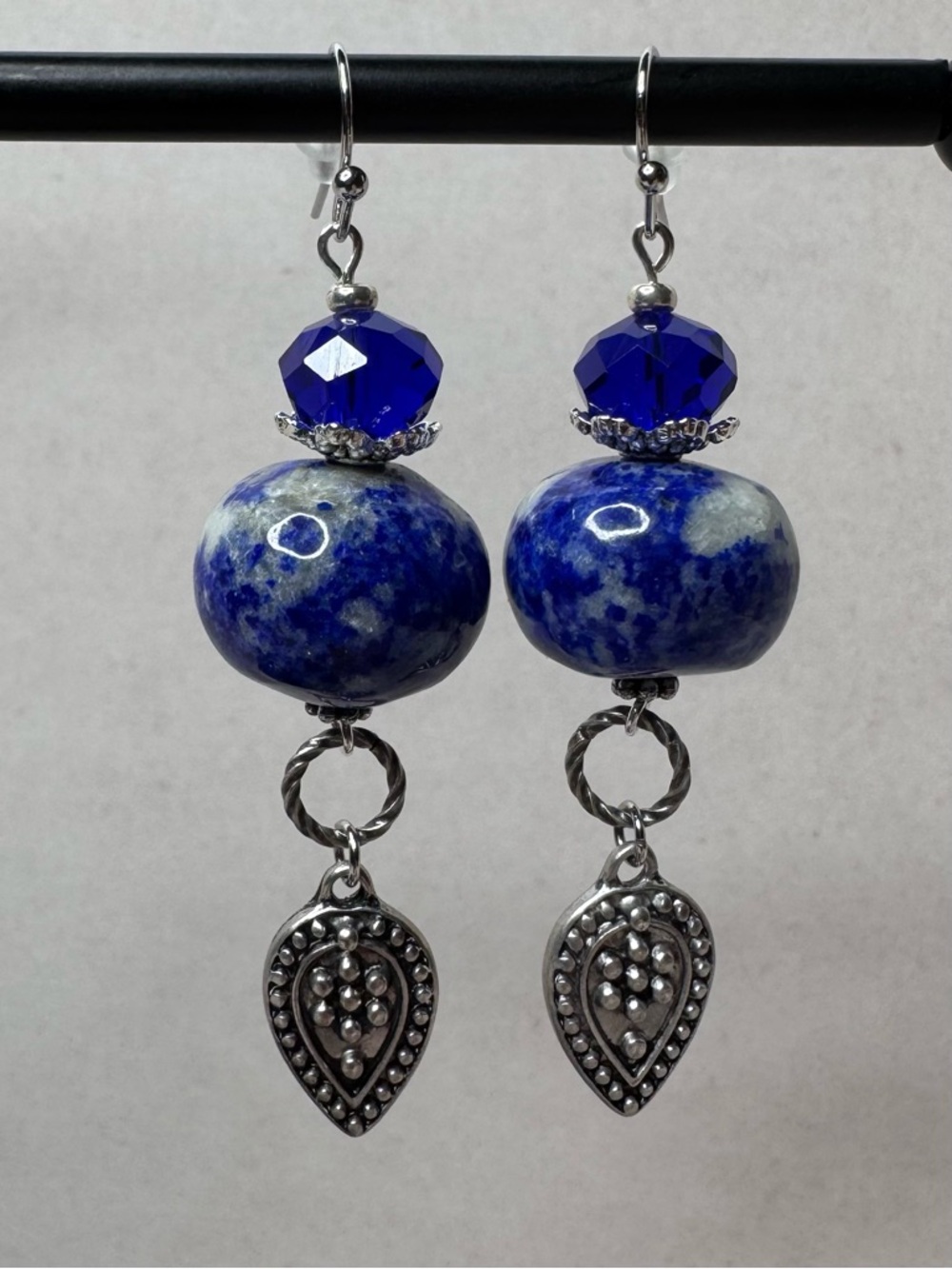 Hand Crafted Sodalite and Crystal Dangle Earrings Blue and Silver 2.75” NWT